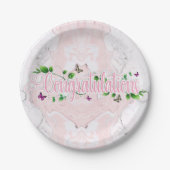 ピンクの花柄 お祝いのメッセージ 紙皿 (正面)