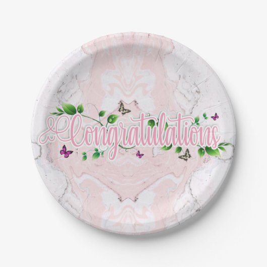 ピンクの花柄 お祝いのメッセージ 紙皿 (正面)