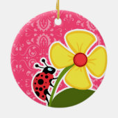 ピンクの花柄; てんとう虫 セラミックオーナメント (裏面)