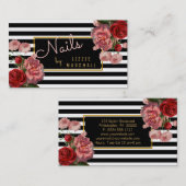 ピンクの花柄|の白黒のストライプのネイルの技術 名刺 (正面/裏面)