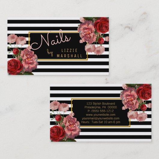 ピンクの花柄|の白黒のストライプのネイルの技術 名刺 (正面/裏面)