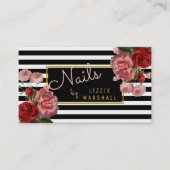 ピンクの花柄|の白黒のストライプのネイルの技術 名刺 (正面)
