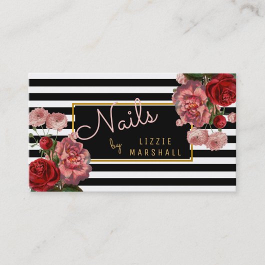 ピンクの花柄|の白黒のストライプのネイルの技術 名刺 (正面)