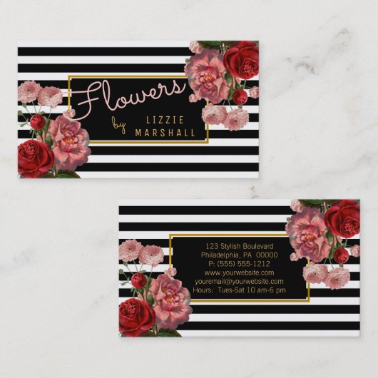 ピンクの花柄|の白黒のストライプの花の花屋 名刺 (正面/裏面)