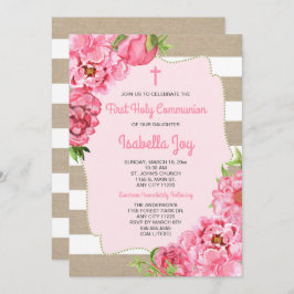 ピンクの花柄 + キャンバス ファーストコミュニオン招待状 招待状