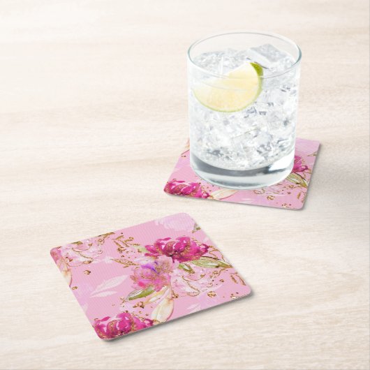 ピンクの花柄 スクエアペーパーコースター (インサイチュ)