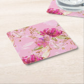 ピンクの花柄 スクエアペーパーコースター (アングル)