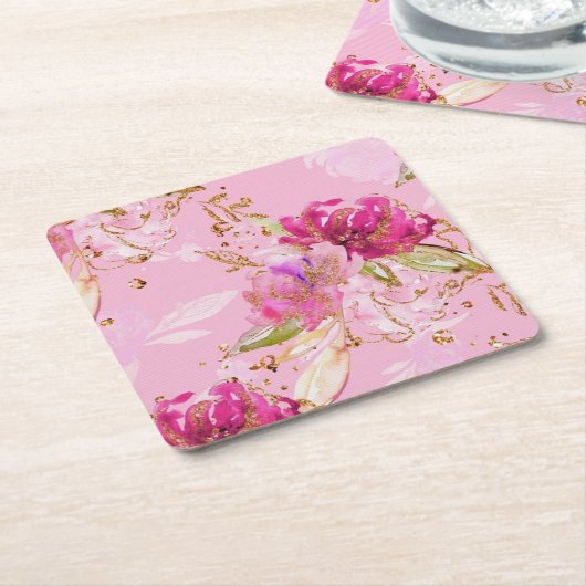 ピンクの花柄 スクエアペーパーコースター (アングル)