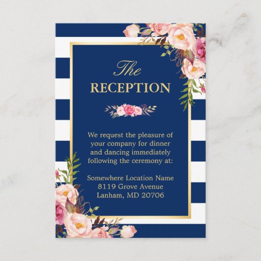 ピンクの花柄 ネイビーブルーのストライプ 結婚式の披露宴 エンクロージャーカード (正面)