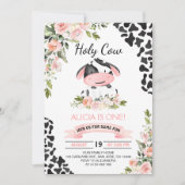 ピンクの花柄 ホーリーコー カウプリント ファースト バースデー 招待状 (正面)