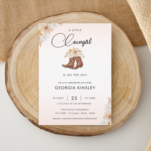 ピンクの花柄 リトルカウガール ウェスタン ベイビーシャワー 招待状
