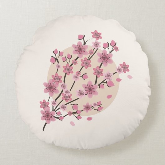 ピンクの花柄 桜の木の花びら ラウンドクッション (正面)