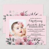 ピンクの花柄 洗礼式 おしゃれな招待状 招待状 (正面/裏面)