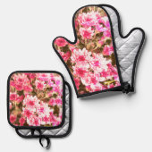 ピンクの花柄 鍋つかみ&鍋敷きセット (正面/裏面)