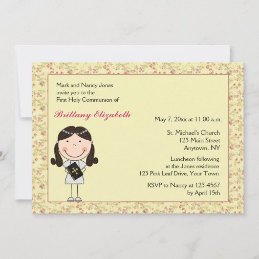 ピンクの花柄、黒い髪の女の子の聖餐の招待状 招待状 (正面)