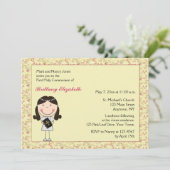 ピンクの花柄、黒い髪の女の子の聖餐の招待状 招待状 (スタンド正面)