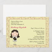 ピンクの花柄、黒い髪の女の子の聖餐の招待状 招待状 (正面/裏面)