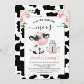 ピンクの花柄 黒白 牛柄 誕生日 招待状 (正面/裏面)