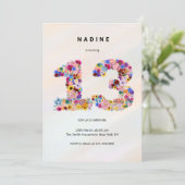 ピンクの花柄 13歳の誕生日 ガーデンスプリングの野花 招待状 (スタンド正面)