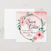 ピンクの花柄 Save the date 招待状 (正面/裏面)