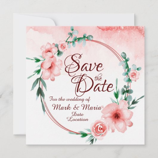 ピンクの花柄 Save the date 招待状 (正面)