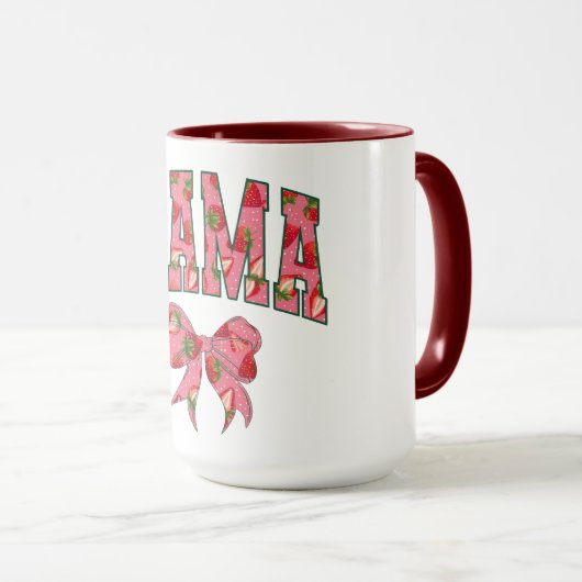 ピンクの花柄MAMAレタリングとリボン マグカップ (正面右)