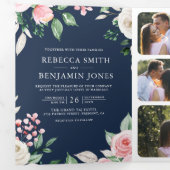 ピンクの花柄QRコードネイビーブルーの結婚式 三つ折り招待状 (内部最初)