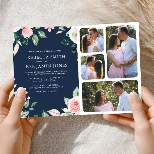 ピンクの花柄QRコードネイビーブルーの結婚式 招待状
