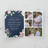 ピンクの花柄QRコードネイビーブルーの結婚式 招待状 (内部)