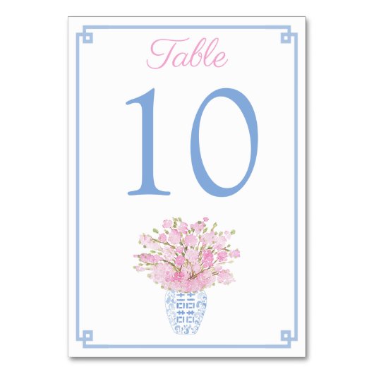 ピンクの花模様がブルー&ホワイトジンジャージャー結婚ズ テーブルナンバー (正面)