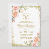 ピンクの花模様とゴールドのグリッターが美しい看護学校卒業式の招待状 招待状 (正面)