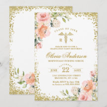 ピンクの花模様とゴールドのグリッターが美しい看護学校卒業式の招待状