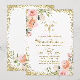 ピンクの花模様とゴールドのグリッターが美しい看護学校卒業式の招待状 招待状