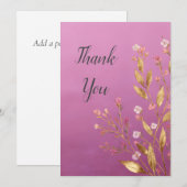 ピンクの花模様とゴールドの箔押し縁取りの感謝カード 招待状 (正面/裏面)