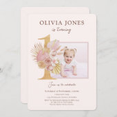 ピンクの花模様と一緒に写真1st誕生日の招待 招待状 (正面/裏面)