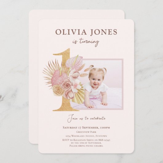 ピンクの花模様と一緒に写真1st誕生日の招待 招待状 (正面/裏面)