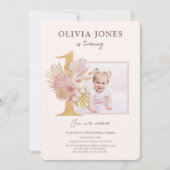 ピンクの花模様と一緒に写真1st誕生日の招待 招待状 (正面)