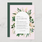 ピンクの花模様と緑の結婚植物学 招待状 (正面/裏面)