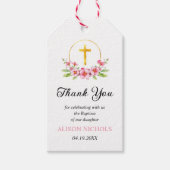 ピンクの花模様と金ゴールドクロスガールバプテスマありがとう ギフトタグ (正面)