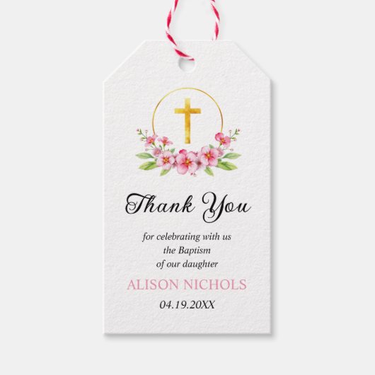 ピンクの花模様と金ゴールドクロスガールバプテスマありがとう ギフトタグ (正面)