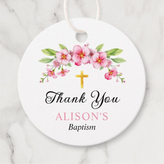ピンクの花模様と金ゴールドクロスガールバプテスマありがとう フェイバータグ (正面)
