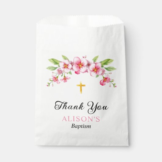 ピンクの花模様と金ゴールドクロスガールバプテスマありがとう フェイバーバッグ (正面)