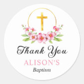 ピンクの花模様と金ゴールドクロスガールバプテスマありがとう ラウンドシール (正面)