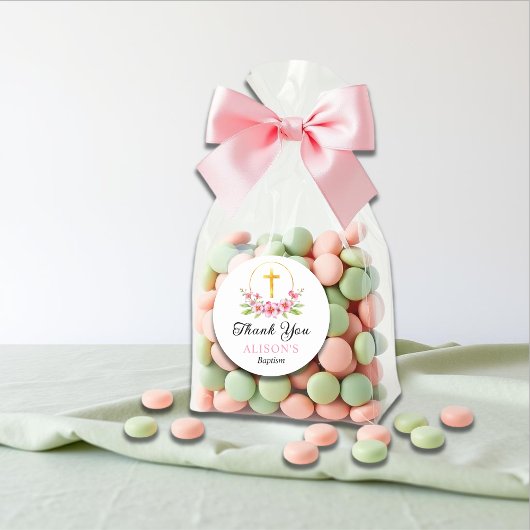 ピンクの花模様と金ゴールドクロスガールバプテスマありがとう ラウンドシール