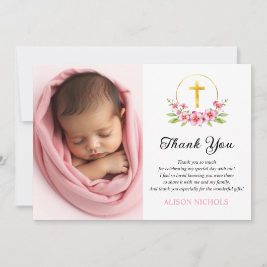 ピンクの花模様と金ゴールドクロスガールバプテスマ写真 サンキューカード (正面)