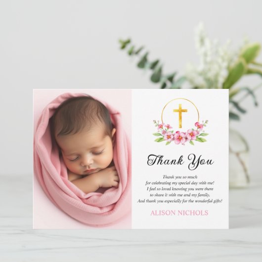 ピンクの花模様と金ゴールドクロスガールバプテスマ写真 サンキューカード (スタンド正面)
