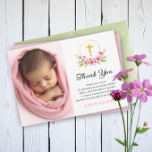 ピンクの花模様と金ゴールドクロスガールバプテスマ写真 サンキューカード