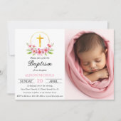 ピンクの花模様と金ゴールドクロスガールバプテスマ写真 招待状 (正面)