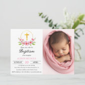ピンクの花模様と金ゴールドクロスガールバプテスマ写真 招待状 (スタンド正面)