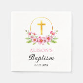 ピンクの花模様と金ゴールドクロスガールフローラバプテスマ スタンダードカクテルナプキン (正面)